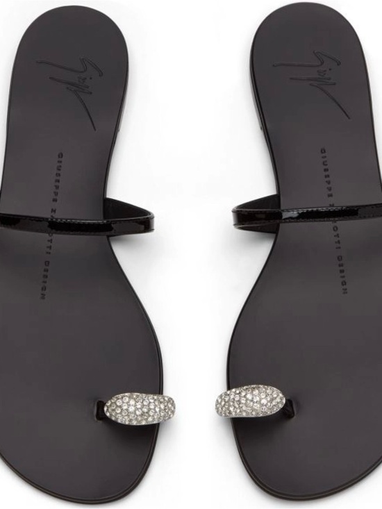 Giuseppe Zanotti Shoes - Giuseppe Zanotti Black Patent Leather Crystal Toe-Ring Sandals